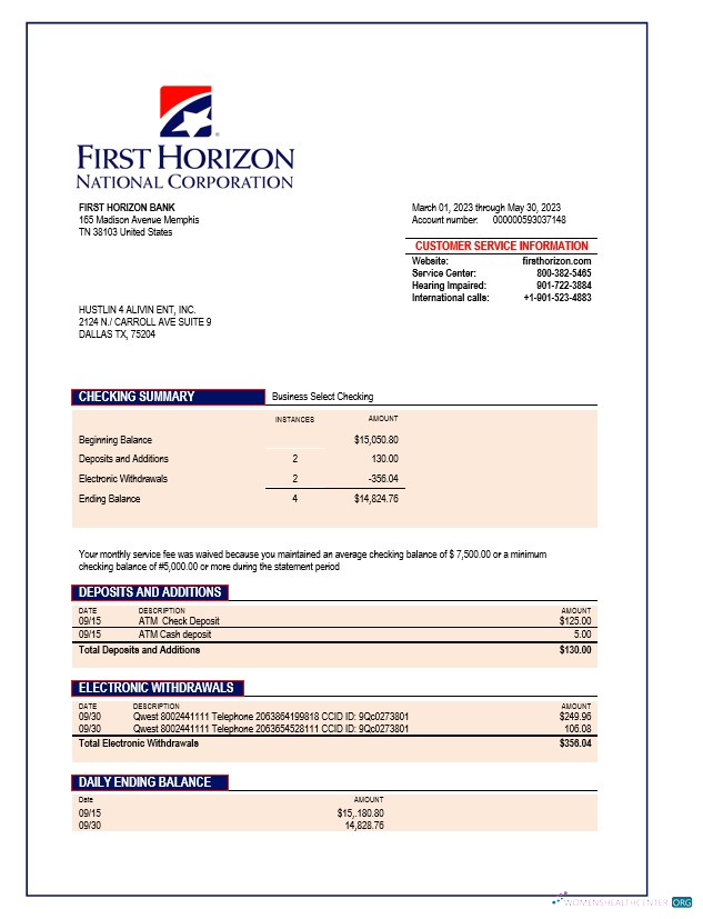 Download First Horizon Bank company checking account statement Word and PDF template Photoshop template